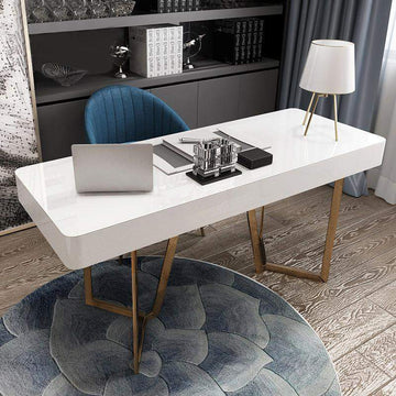 2-Drawers White Office Desk 55" Modern Writing Desk Gold Tripod Base Stainless Steel-Desks,Furniture,Office Furniture
